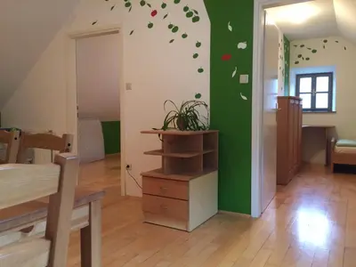a living room with a green wall with a potted plant at Apartments Kozjanski park in Podsreda