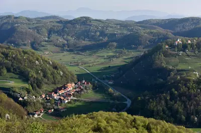 an aerial view of a valley with trees and a river at Apartments Kozjanski park in Podsreda