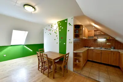 a kitchen with a table and a green wall at Apartments Kozjanski park in Podsreda