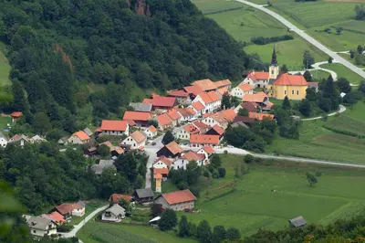 a small village with red roofs on a hill at Apartments Kozjanski park in Podsreda