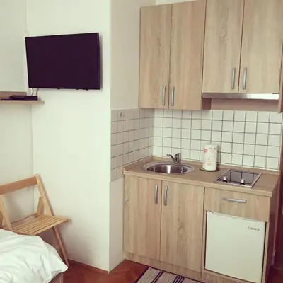 a kitchen with a sink and wooden cabinets at Studio apartment Sisters3 in Ljubljana