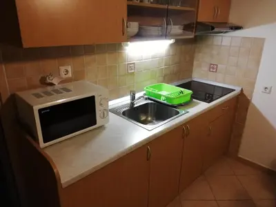 a small kitchen with a sink and a microwave at Apartma David Rogla in Zreče