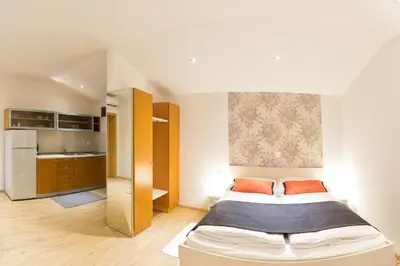 a bedroom with a bed and a kitchen at Apartments SHISHKA in Ljubljana