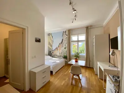 a bedroom with a bed and a desk and a chair at B&B Vila Teslova in Ljubljana