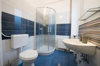 a bathroom with a toilet and a shower and a sink at B&B Vila Teslova in Ljubljana