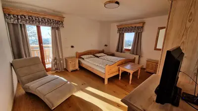 a bedroom with a bed and a tv in a room at Tourist farm Gričnik in Resnik