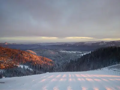 a snow covered hill with a view of a valley at Tourist farm Gričnik in Resnik