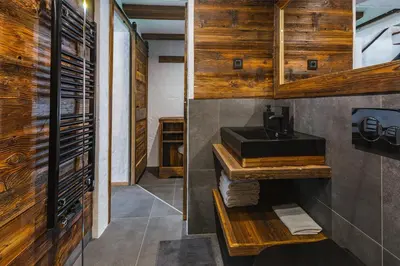 a bathroom with a sink and wooden walls at Apartment Trentar in Kranjska Gora