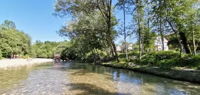 a river with people and elephants in the water at 7th Mill apartments in Kranj
