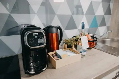 a toaster sitting on a kitchen counter next to a counter top at Apartments Miki's in Bled