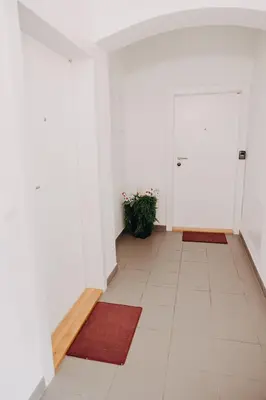 a hallway with white walls and white floors and a red rug at Apartments Miki's in Bled