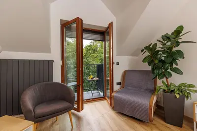 a living room with a chair and a plant at Gostilna Müller in Črnomelj