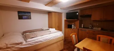 a small room with a bed and a kitchen at Apartments Zvoh, Krvavec, Ski-in, Ski-out in Cerklje na Gorenjskem