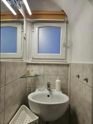 a bathroom with a sink and two windows at Tiny central studio apartment Nika Ljubljana in Ljubljana