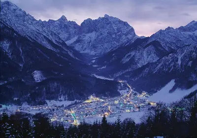a town in the middle of a mountain range at House Cilka in Kranjska Gora