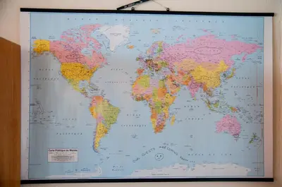a map of the world on a wall at Sovica in Bled