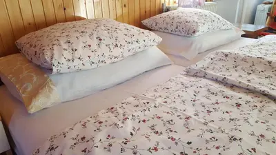 two beds with pillows and a blanket on them at Sovica in Bled