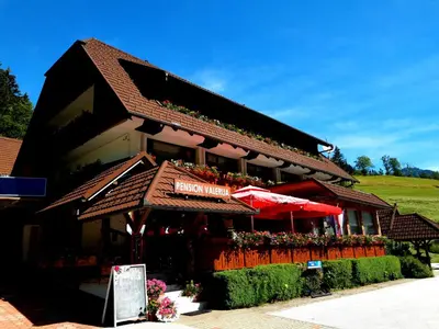 a restaurant with plants on the side of a building at Penzion Valerija in Zgornje Jezersko