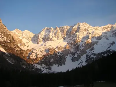 a snow covered mountain with trees in front of it at Penzion Valerija in Zgornje Jezersko