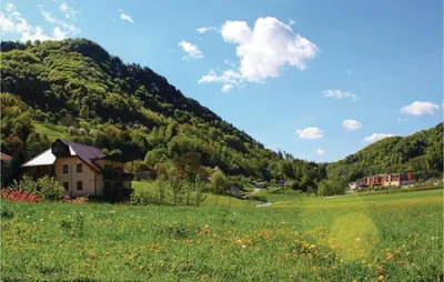 a house in a field with a mountain at Beautiful Apartment In Lasko With Wifi in Laško