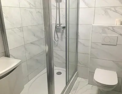 a bathroom with a shower with a toilet and a sink at Rooms & Apartments Banjac in Maribor