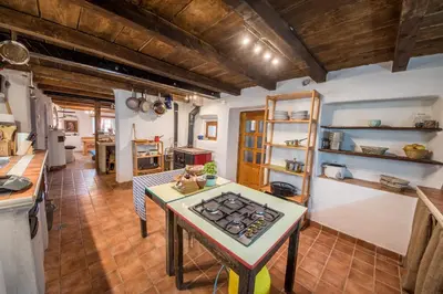 a kitchen with a table and a stove in a room at Country house Dovje in Dovje