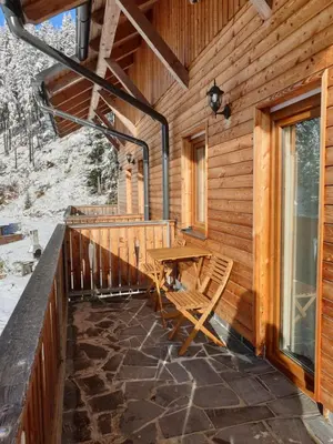 a wooden cabin with a table and a bench on a porch at Apartmaji Golob-Golte in Mozirje