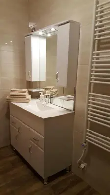 a bathroom with a sink and a mirror at Apartmaji Golob-Golte in Mozirje
