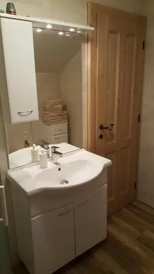 a bathroom with a white sink and a mirror at Apartmaji Golob-Golte in Mozirje