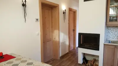 a room with a fireplace and a door with a tv at Apartmaji Golob-Golte in Mozirje