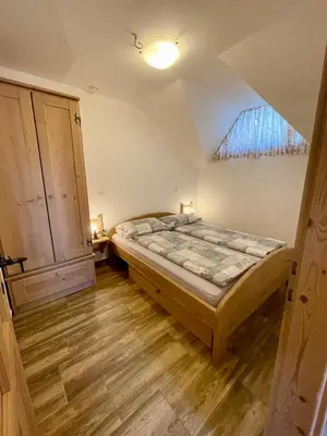 a bedroom with a bed and a window at Apartmaji Golob-Golte in Mozirje