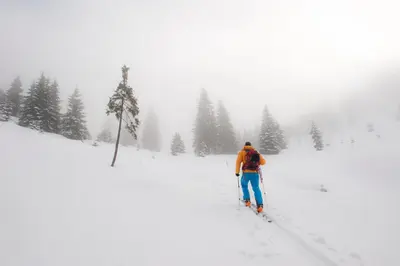 a man is cross country skiing in the snow at Holiday Home Davča in Cerkno