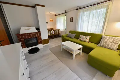 a living room with a green couch and a fireplace at Holiday Home Davča in Cerkno