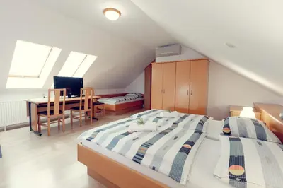 a bedroom with a bed and a desk and a table at Župančičev hram in Dragatuš