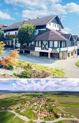 two pictures of a house and a golf course at Župančičev hram in Dragatuš
