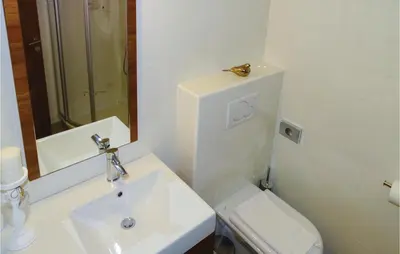 a bathroom with a sink and a toilet and a mirror at Stunning Apartment In Lasko With Wifi in Laško