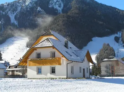 a house in the snow in front of a mountain at Apartmaji Mlinar in Kranjska Gora