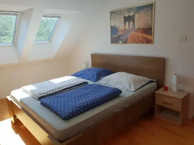 a bedroom with a bed with blue pillows on it at Apartment Beks in Postojna