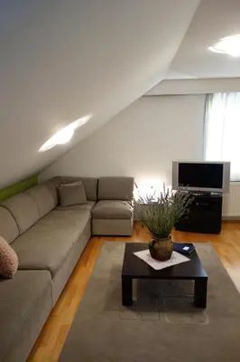 a living room with a couch and a coffee table at Apartment Beks in Postojna
