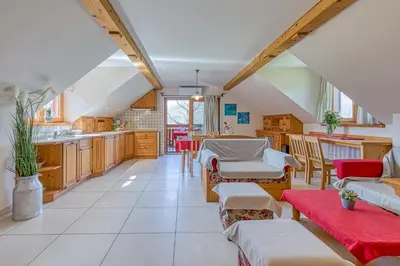 a kitchen with tables and chairs in a room at Apartments ApArt Bled in Bled