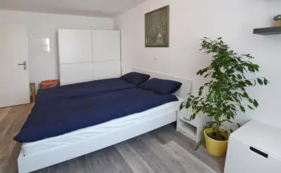 a bedroom with a bed with blue sheets and a plant at CastleView in Ljubljana