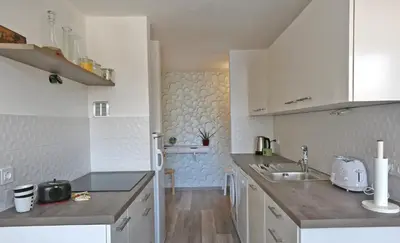 a white kitchen with a sink and a counter at CastleView in Ljubljana