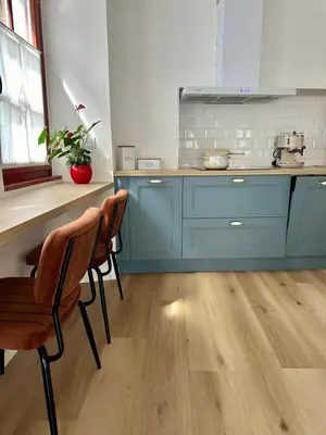 a kitchen with blue cabinets and a wooden floor at Hisa Rejmr with private parking in Kobarid