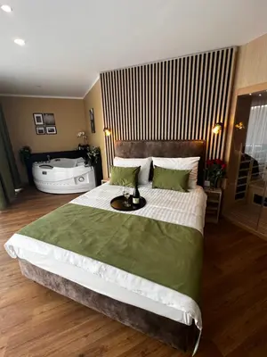 a bedroom with a large bed and a bath tub at Hotel Dolenjc in Novo Mesto