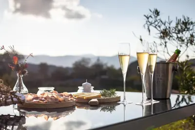 a table with two glasses of champagne and a plate of food at Villa HerMes ArT in Dutovlje