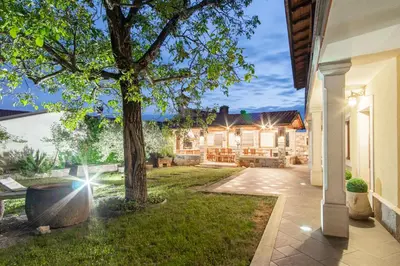 a courtyard with a tree and a house at Villa HerMes ArT in Dutovlje