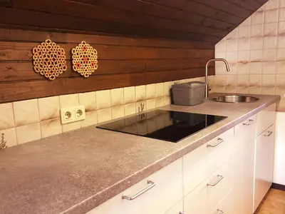 a kitchen with a sink and a counter top at Apartments Franc in Bled