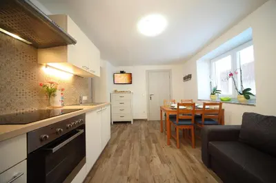 a kitchen and living room with a table and a couch at Danijela & Gregor in Rateče