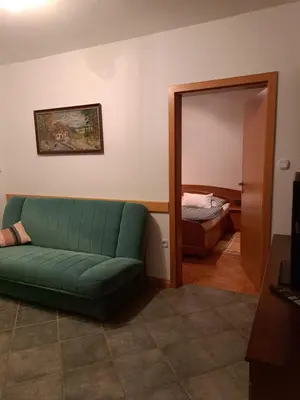 a living room with a green couch and a mirror at Apartma Smole in Kranjska Gora