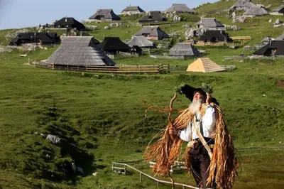 a man wearing a witch hat standing in a field at Chalet Encijan - Velika planina in Stahovica